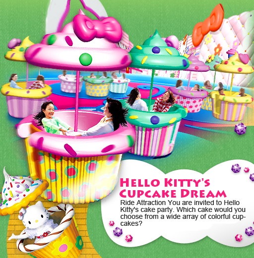 Hello Kitty's Cupcake Dream/Ride Attraction You are invited to Hello Kitty's cake party. Which cake would you choose from a wide array of colorful cupcakes?
