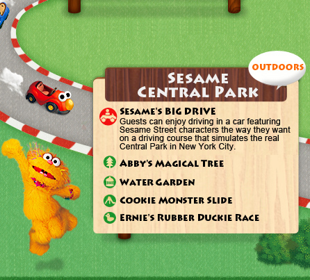 Sesame Street Plaza（outdoors）Sesame's BIG DRIVE/Guests can enjoy driving in a car featuring Sesame Street characters the way they want on a driving course that simulates the real Central Park in New York City. 　Big Bird's Climbing Nest/Have fun on the Big Bird-themed jungle gym.Move your body freely andclimb up and down! Abby's Magical Tree Abby's Magical Garden Water Garden Cookie Monster Slide Ernie's Rubber Duckie Race