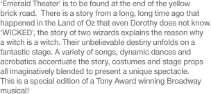 ‘Emerald Theater’ is to be found at the end of the yellow brick road. There is a story from a long, long time ago that happened in the Land of Oz that even Dorothy does not know.‘WICKED’, the story of two wizards explains the reason why a witch is a witch. Their unbelievable destiny unfolds on a fantastic stage. A variety of songs, dynamic dances and acrobatics accentuate the story, costumes and stage props all imaginatively blended to present a unique spectacle. This is a special edition of a Tony Award winning Broadway musical!