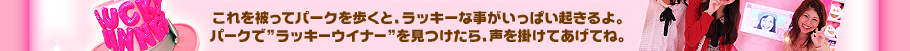 これを被ってパークを歩くと、ラッキーな事がいっぱい起きるよ。パークで”ラッキーウイナー”を見つけたら、声を掛けてあげてね。