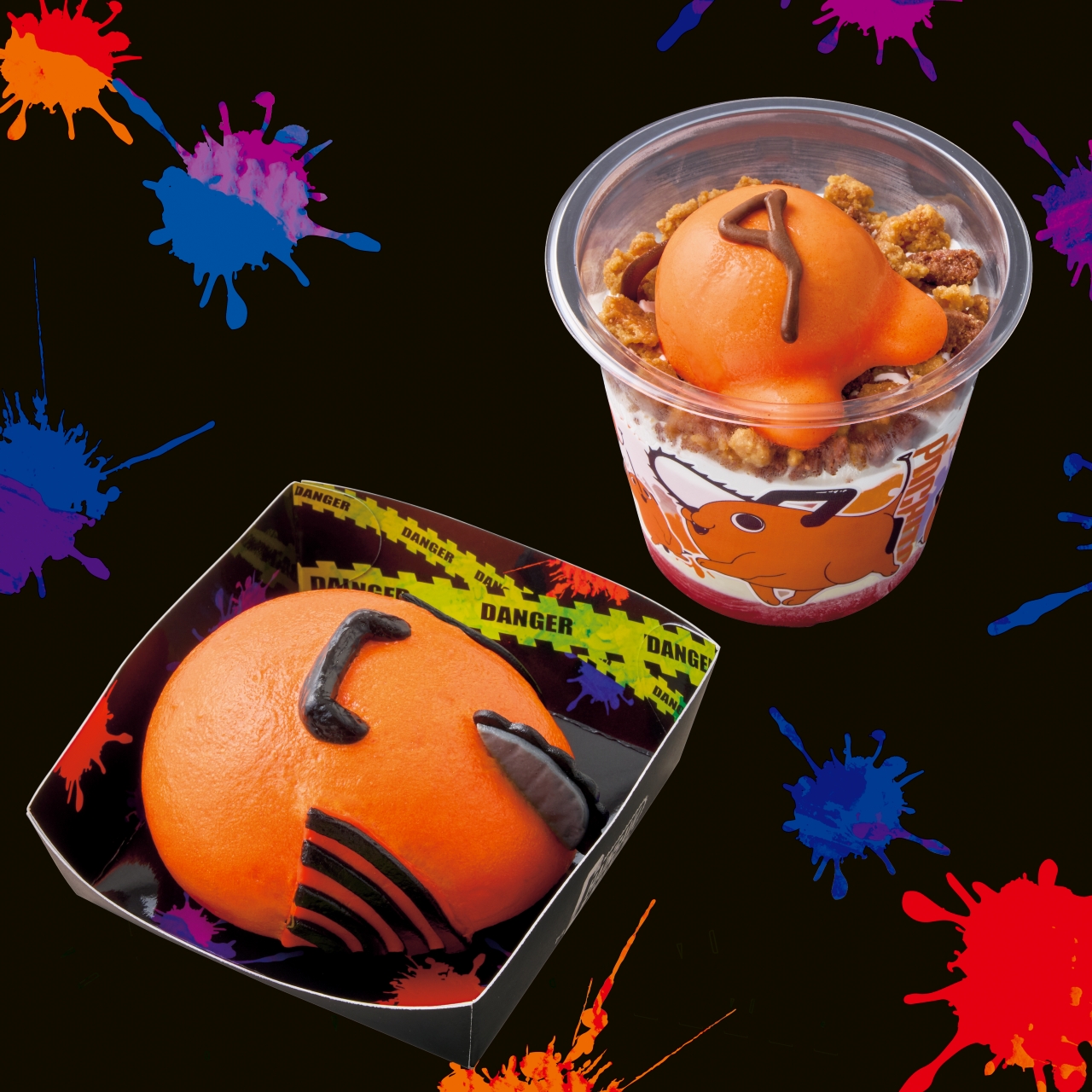 (Left)Chainsaw Bun with Keema Curry Filling (Right)Pochita’s Frozen Parfait ― Orange & Vanilla