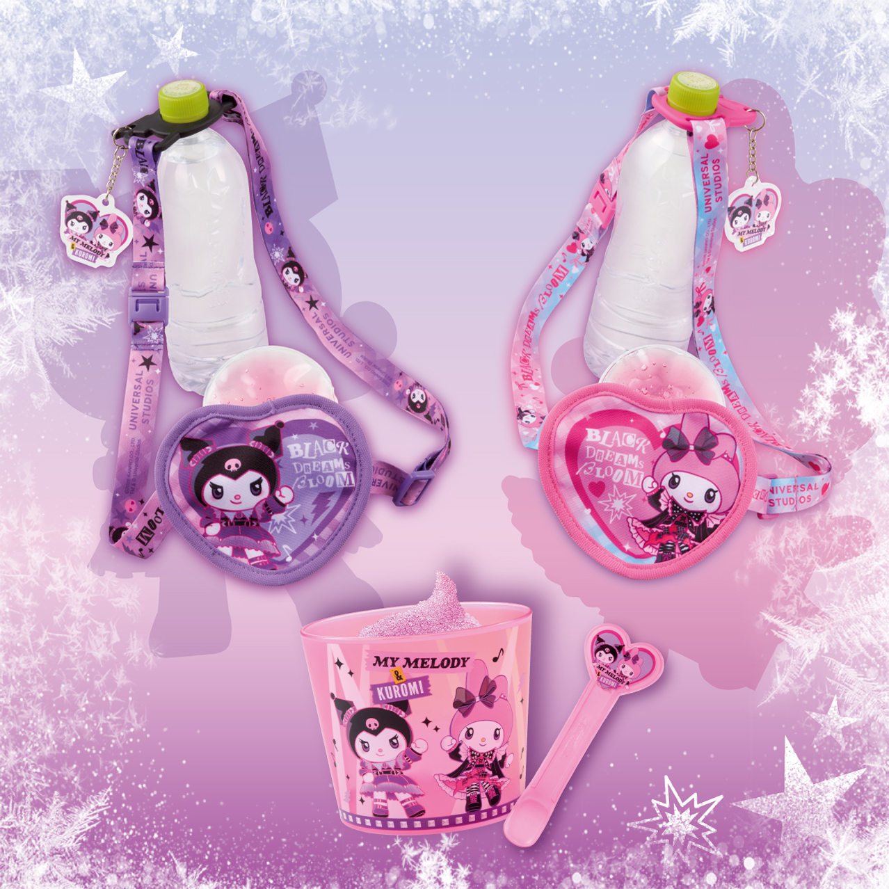 (Left) Kuromi Bottle Strap with Ice Pack (Center) Soft Frozen Grape with My Melody and Kuromi Bucket & Spoon (Right) My Melody Bottle Strap with Ice Pack