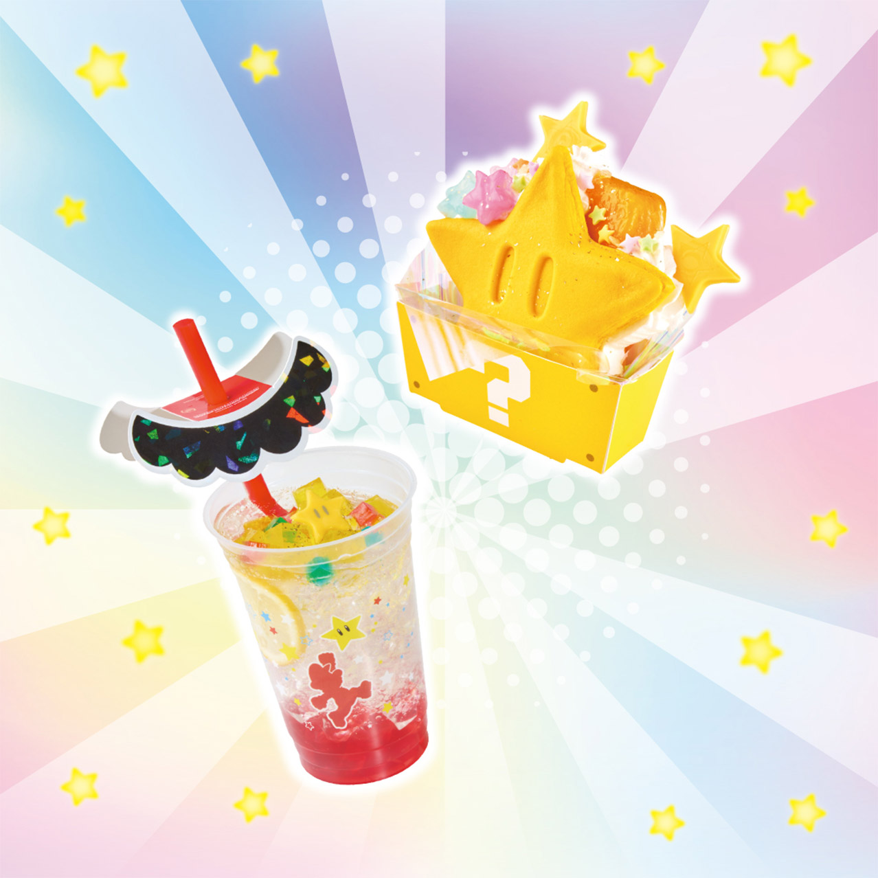 (Left) Power-Up! Mario’s Strawberry Soda (Right) Invincible! Super Star Pancake Sandwich ― Mango