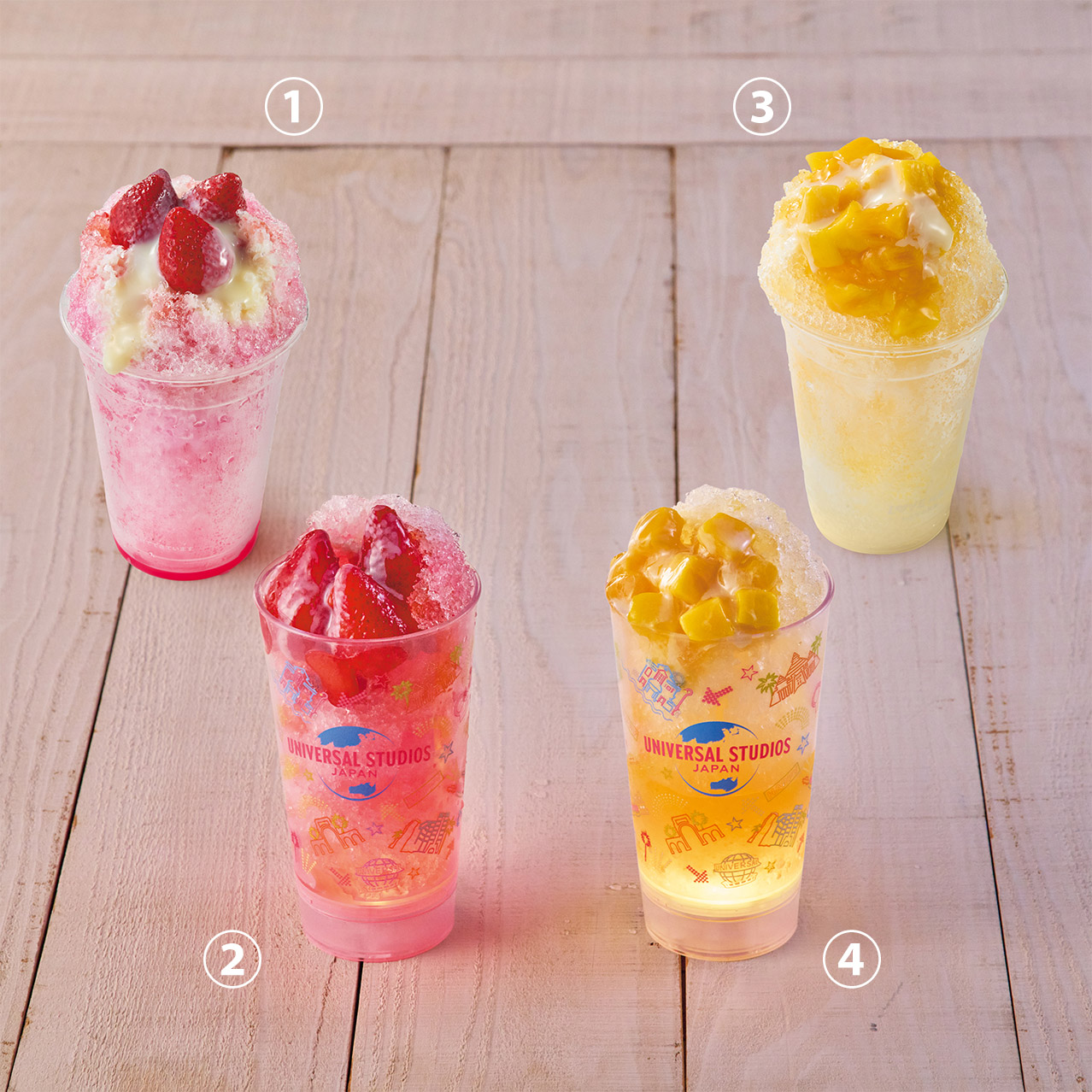 ① Tropical Frappe -Strawberry- ② Tropical Frappe -Strawberry- with Neon Cup ③ Tropical Frappe -Mango- ④ Tropical Frappe -Mango- with Neon Cup