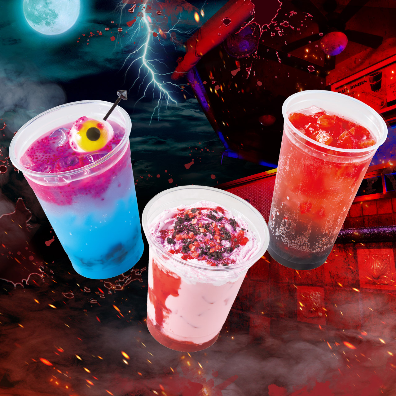 (* From left) Circus Zombie’s Madness ― Lychee Non-Alcoholic Sour Cutie Zombie’s Sweet Temptation ― Strawberry Milk Chainsaw Zombie’s Rampage ― Blood Orange & Lemon Sour