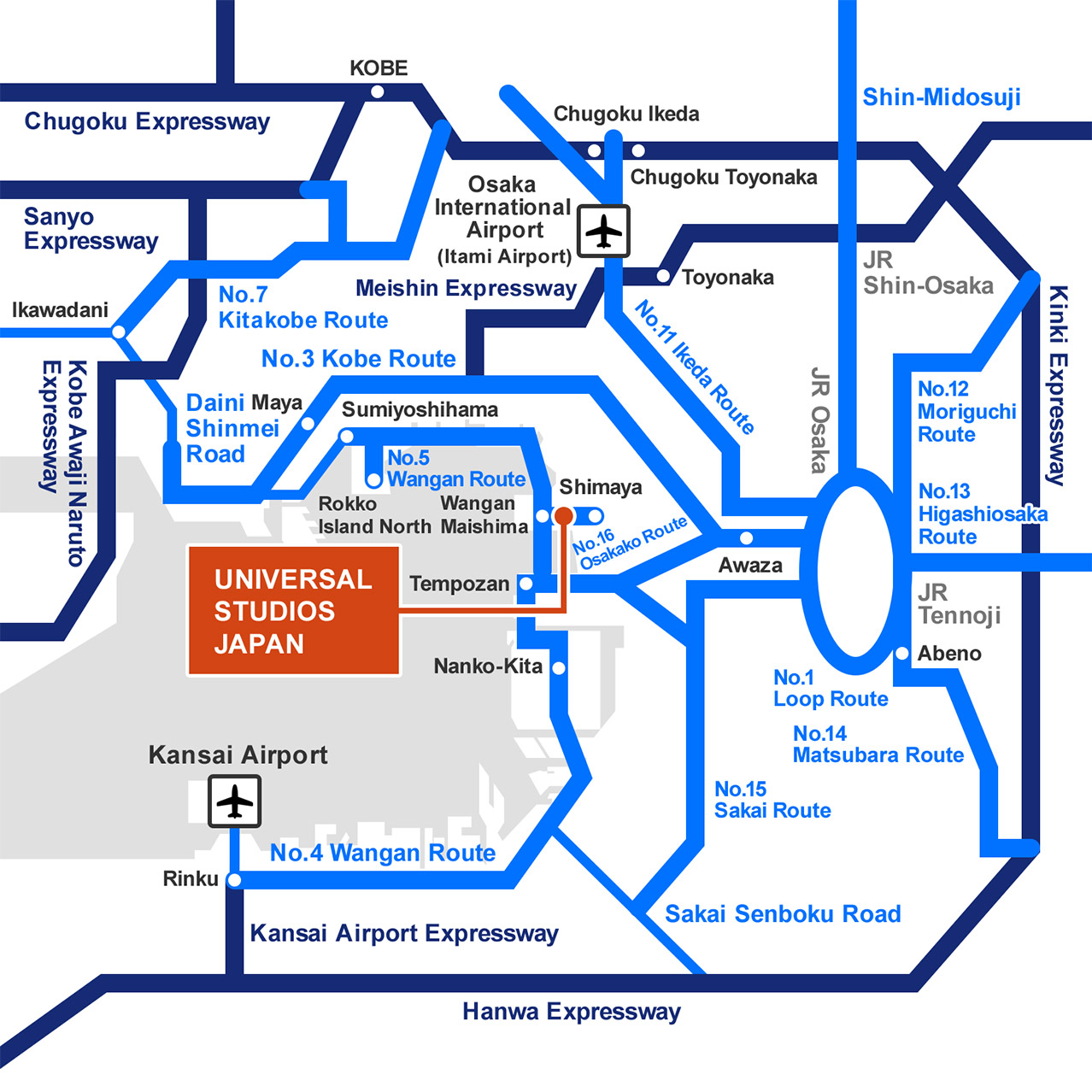 Details on major highways near Universal Studios Japan