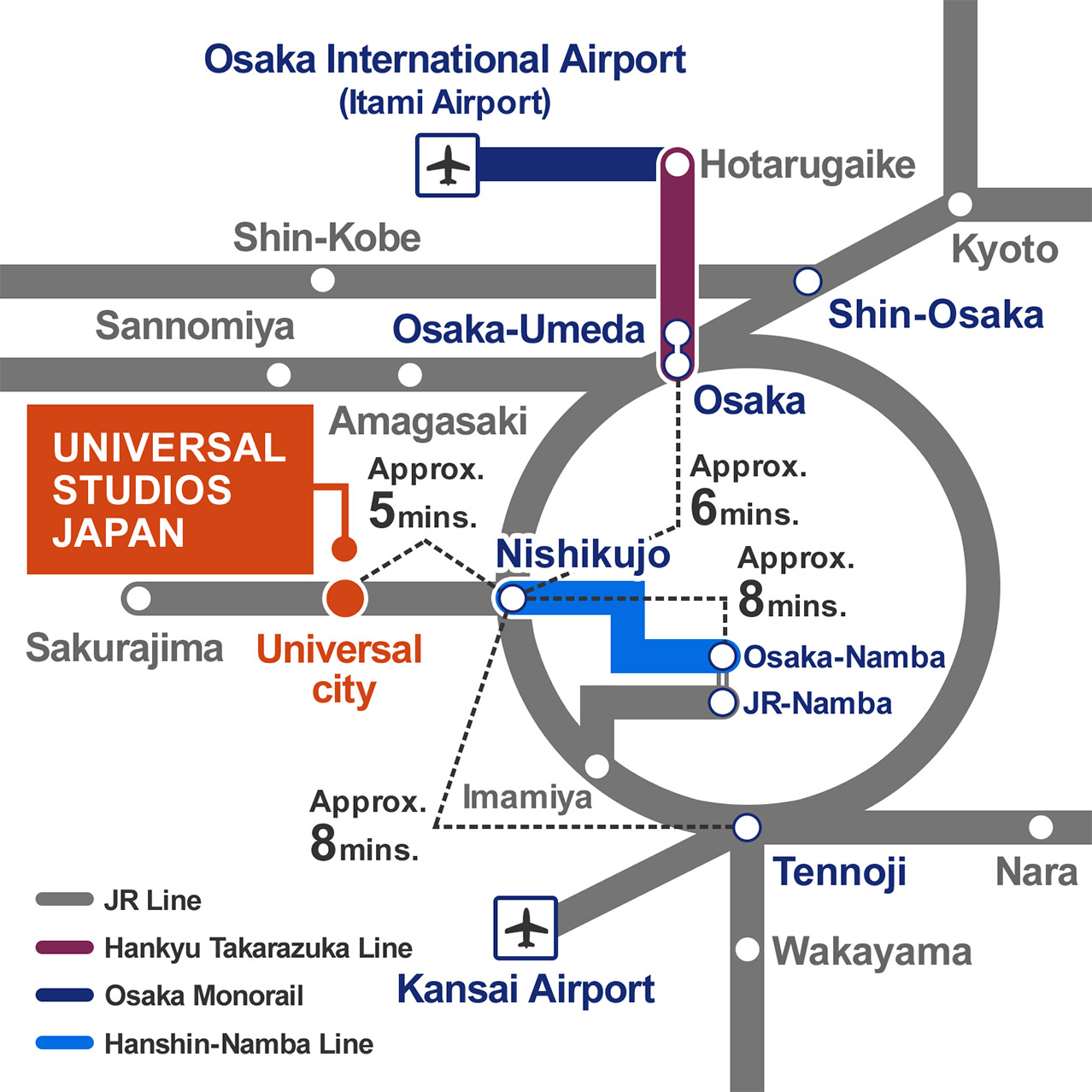Map of Train Lines Near Universal Studios Japan