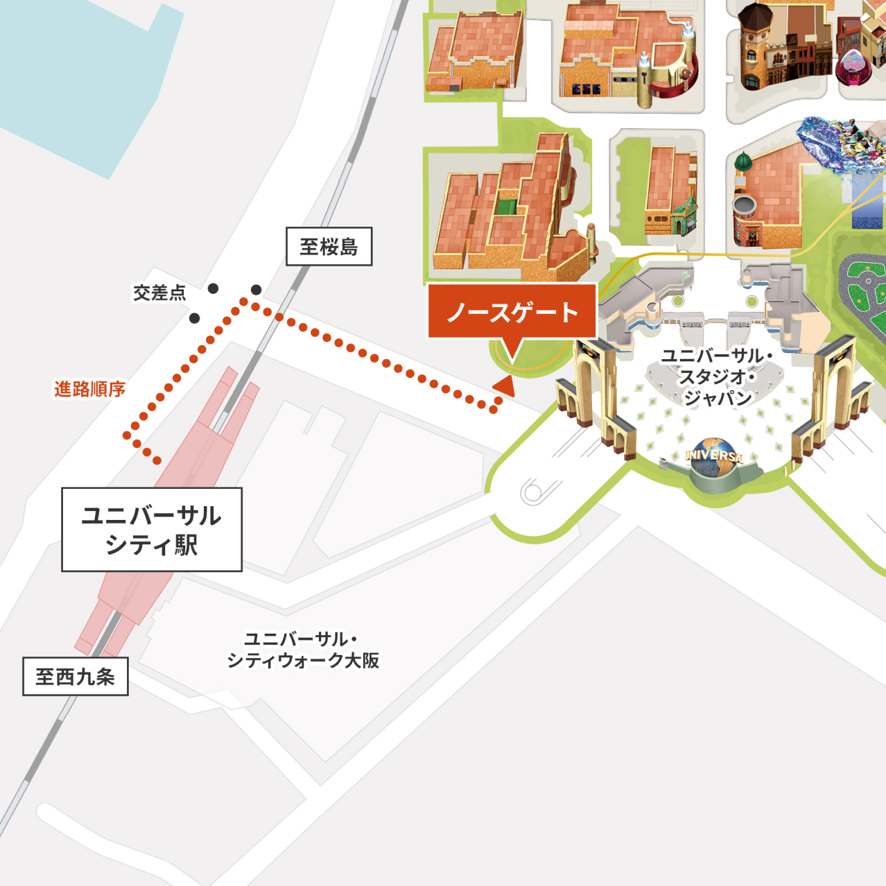 JRユニバーサルシティ駅からノースゲートまでのマップ