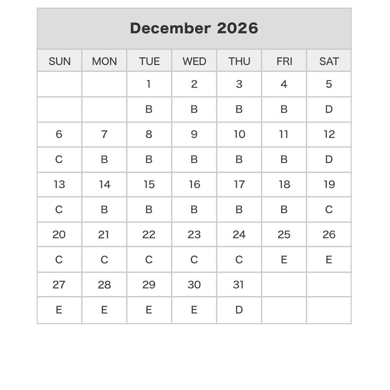Studio Pass Price Calendar december2026