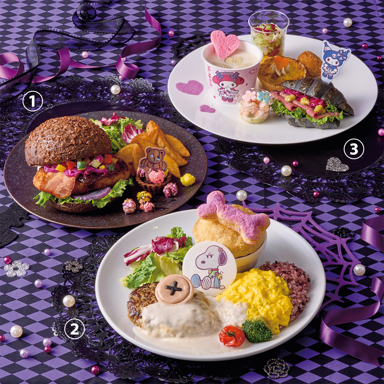 ①可可香炸培根排漢堡拼盤 ②蕈菇奶油醬漢堡排&雞蛋蓋飯拼盤 ③烤牛肉可頌三明治拼盤