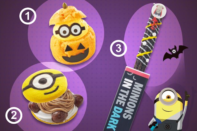 【1】ハロウィーン・ミニオン・シュークリーム ～チョコバナナ～【2】ミニオン・クッキーサンド　モンブラン【3】ハロウィーン・ミニオンチュリトス ～ラズベリー＆ココア～